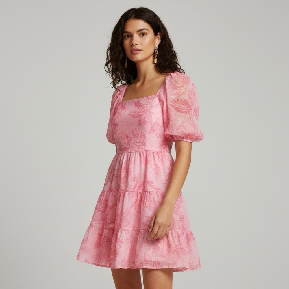 $79 NWT 1.State Women's Floral Puff-Sleeve Fit & Flare Dress Sz L